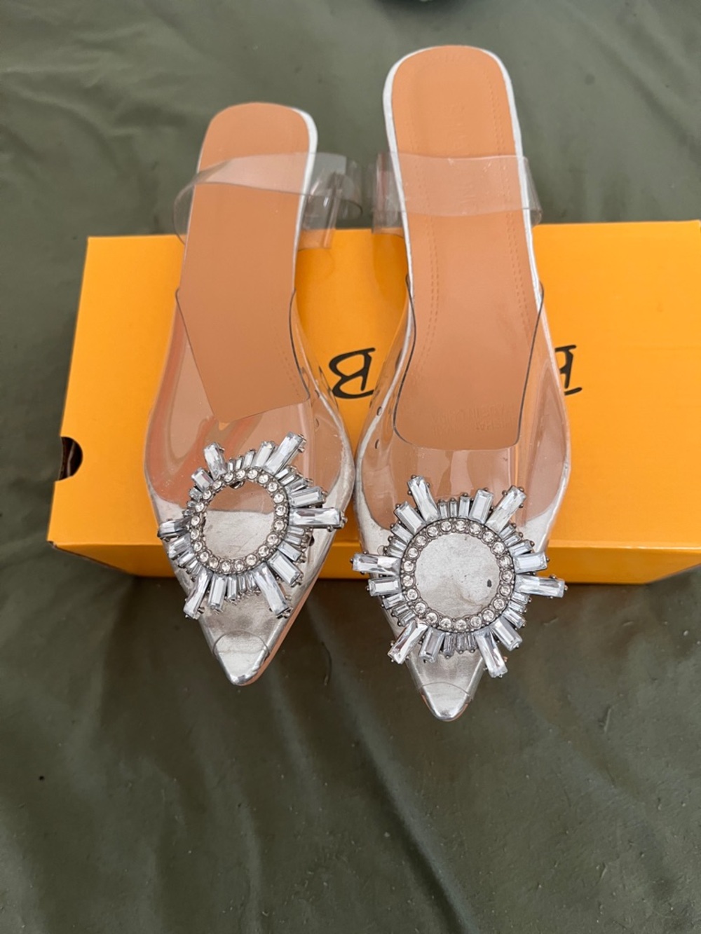 Soda Clear Pointed Mules with Silver Crystal Sunburst